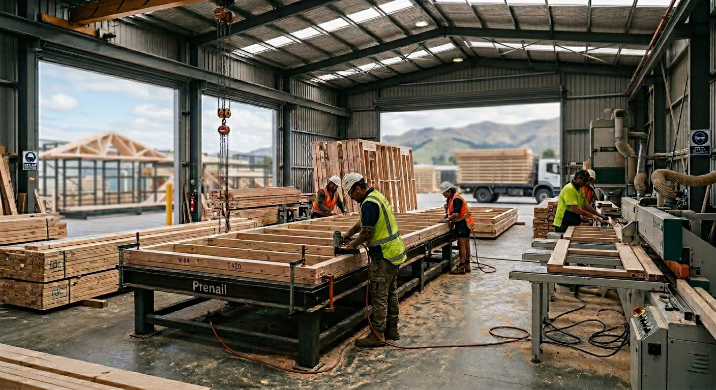 A timber frame and truss prenail plant floor in New Zealand