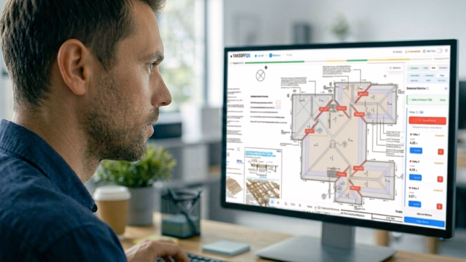 A quantity surveyor at his desk studying the TakeoffQS interface on a monitor, showing a roof plan with detected measurements ready to approve