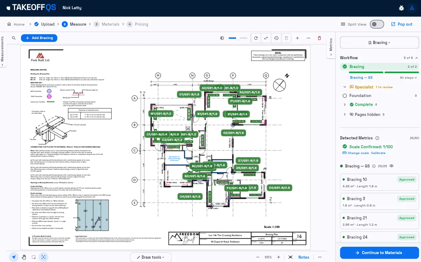 The TakeoffQS measure screen: a bracing plan with each braced wall element tagged on the drawing, and a panel to the right showing the workflow at 5 of 6, scale confirmed at 1 to 100, and a list of approved bracing elements with their areas and lengths