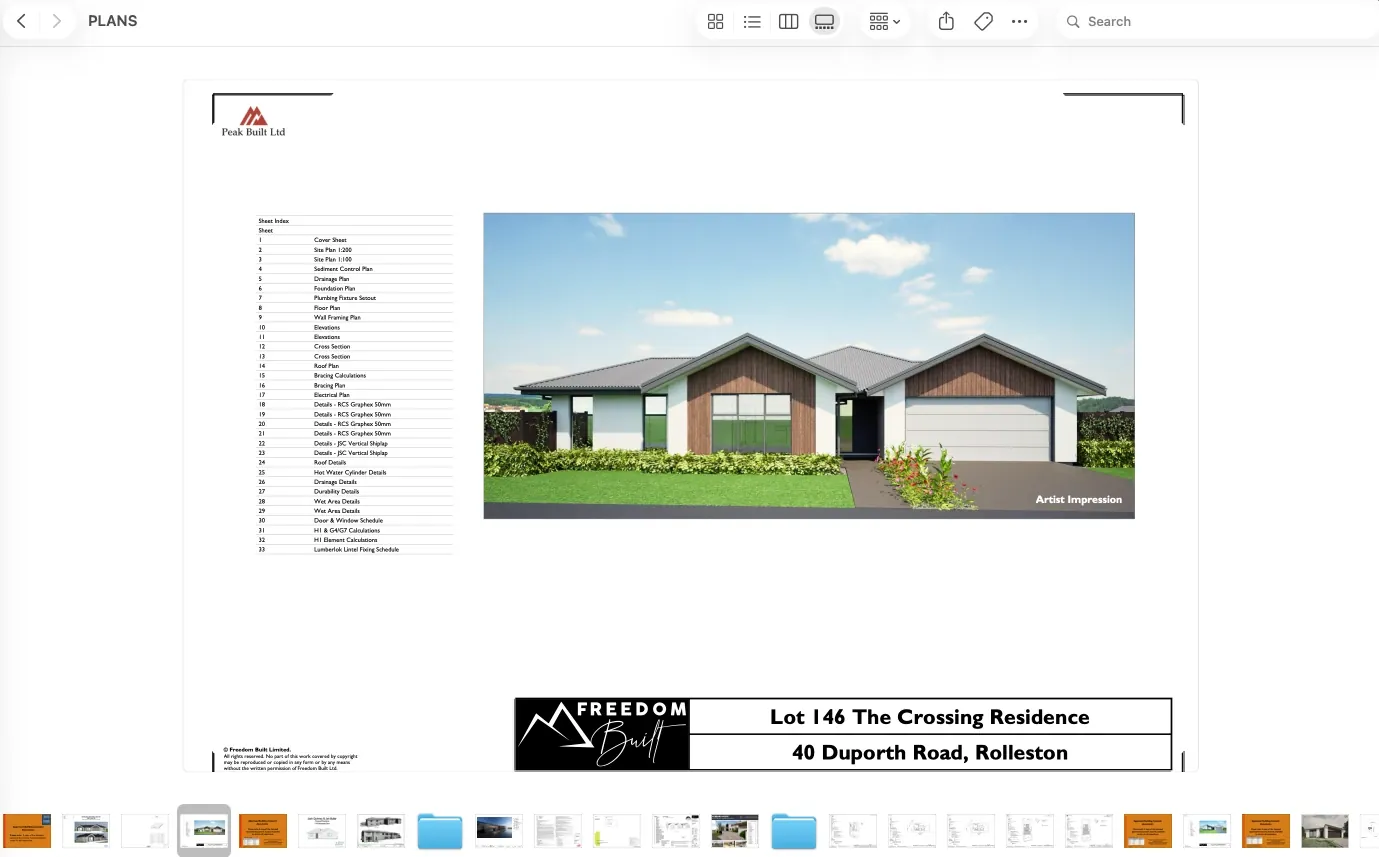 A plan set open in a PDF viewer, showing the cover sheet: a sheet index listing 33 drawings from site plan through to lintel fixing schedule, and an artist's impression of the finished single storey house