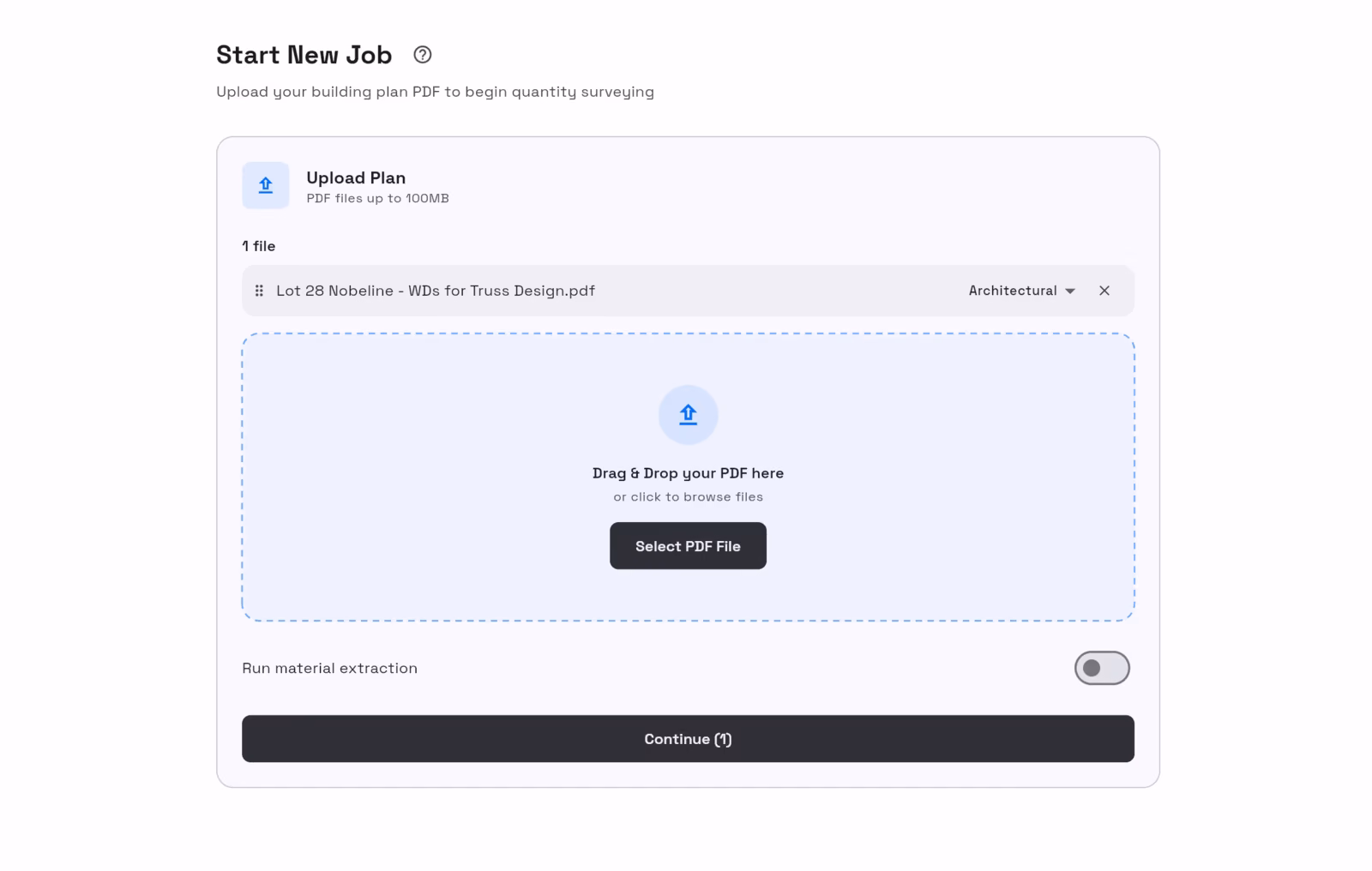 Start new job screen in TakeoffQS with an architectural plan PDF ready to upload