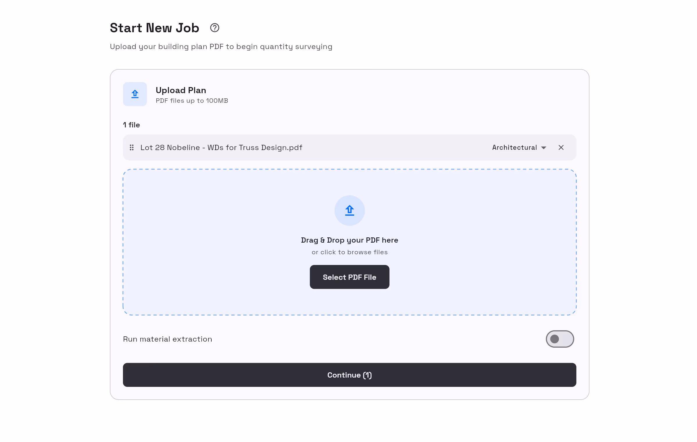 Start new job screen in TakeoffQS with a building plan PDF ready to upload and a drag-and-drop area for adding more files