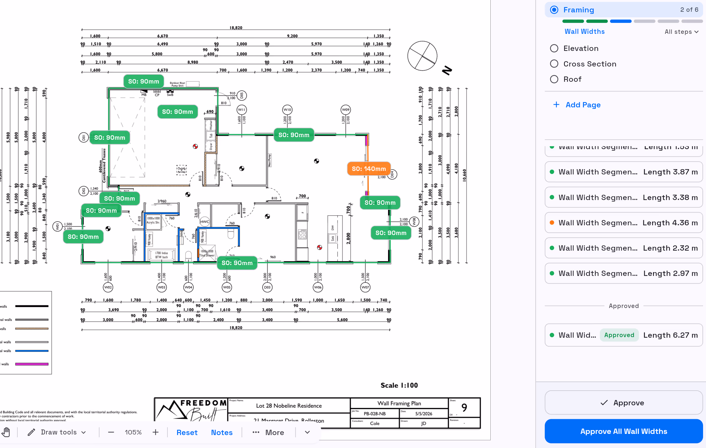 Wall framing plan in the TakeoffQS measure workspace with wall widths detected and labelled on the drawing, and a panel of wall width segments ready to approve