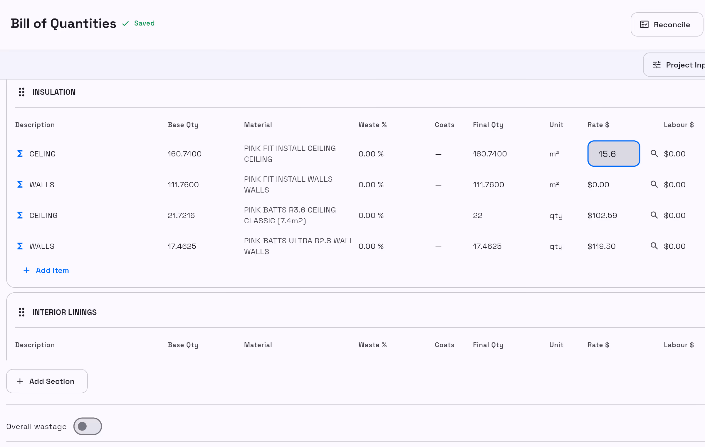 Bill of quantities in TakeoffQS with an insulation section of priced line items showing quantities, units and rates
